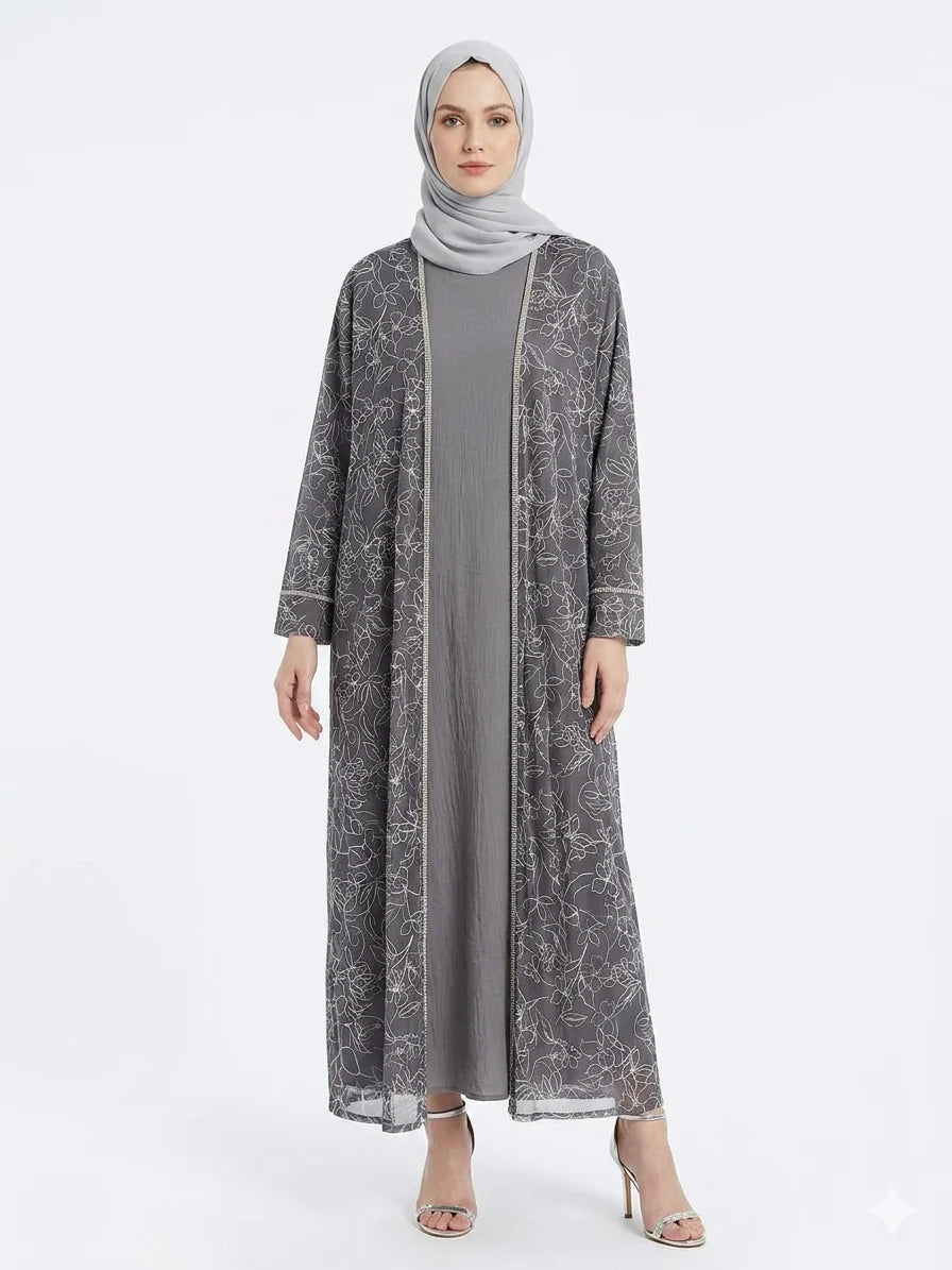 Rizqé Silver Grey Flora Sheer Kimono Elegant Abaya